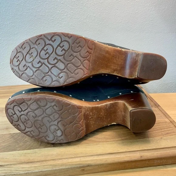 UGG Lynnea Leather Shearling Boot Studded Chunky Wooden Heel Moto Sz 11 Western - Picture 10 of 14